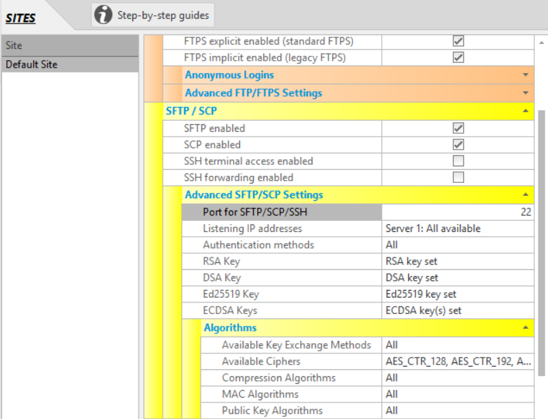 CompleteFTP SFTP/SCP/SSH settings showing SFTP enabled on port 22 and the authentication methods