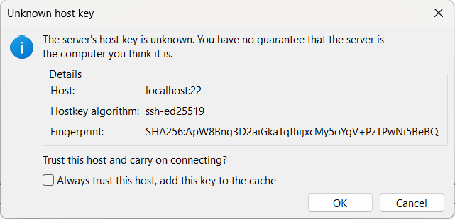 FileZilla's Unknown host key dialog showing the server's fingerprint on the first connection