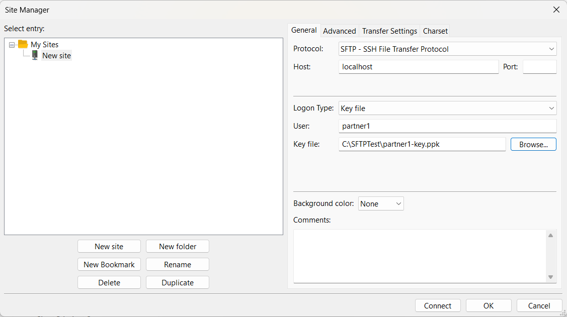 FileZilla Site Manager with the protocol set to SFTP and the logon type set to Key file