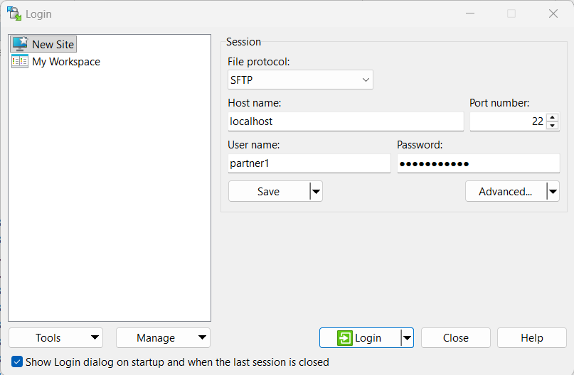 WinSCP Login dialog with the file protocol set to SFTP, host name localhost, port 22 and user name