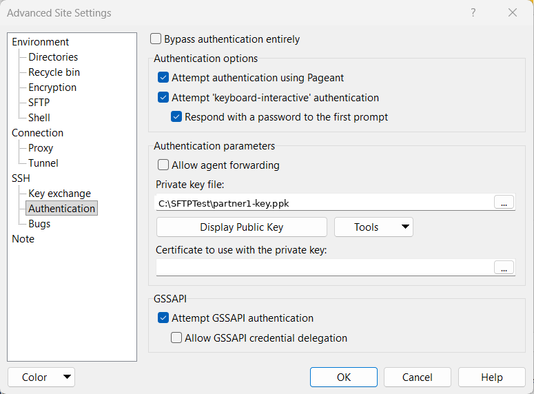 WinSCP SSH authentication settings with the private key file set