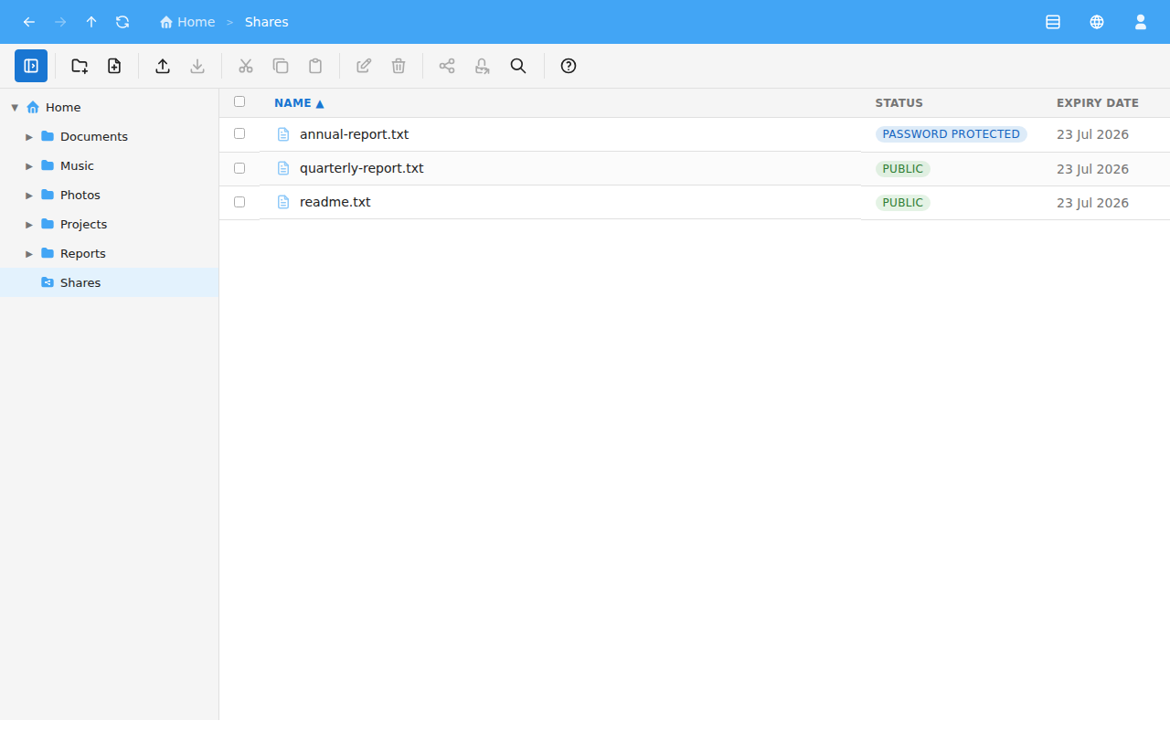 The Shares folder listing shares with status and expiry date
