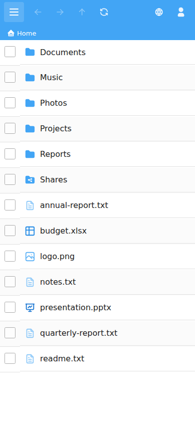 The File Manager on a phone with the navigation pane hidden