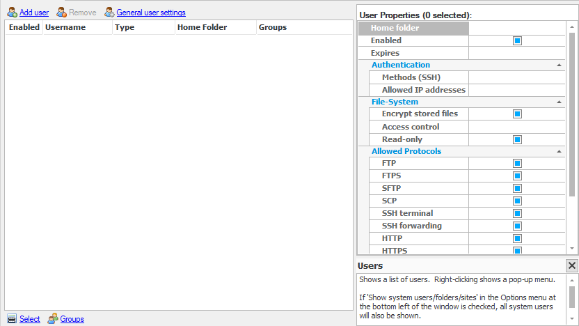 Users panel